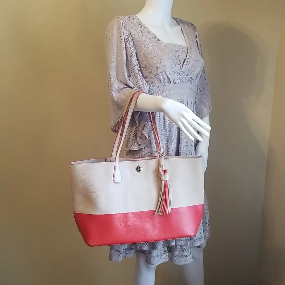 Tory Burch Two-Tone Cream and Coral Leather Tote with Tassel